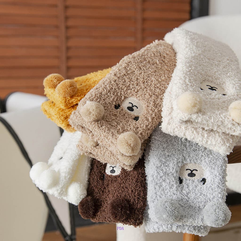 PDA 1 Par De Meias Femininas De Lã Coral De Inverno Com Espessura De Urso De Desenho Animado , Fofas E Quentes Para Dorm