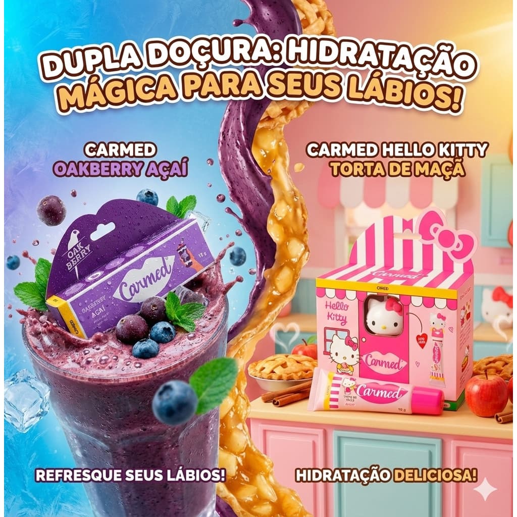 2 hidratantes labiais CARMED - 01 Hello Kitty + 01 Açai