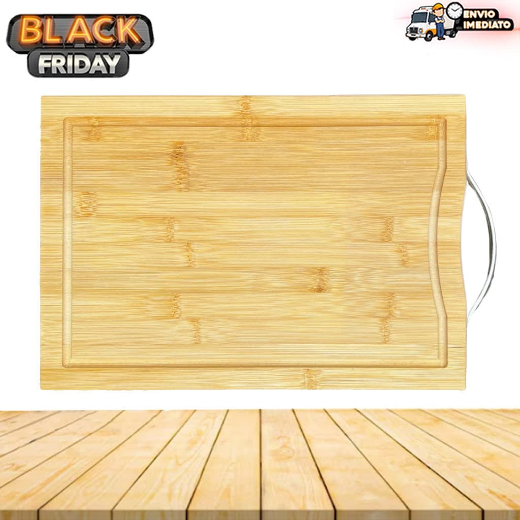 Tábua de Corte Carne de Bambu para Cozinha com Sulco e Alça Reforçada de Inox 22x32 cm
