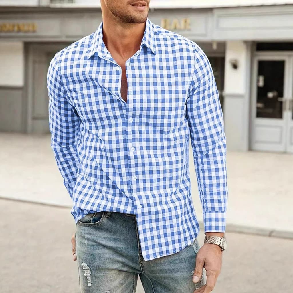 Camisa masculina 3d Digital impressa lapela Casual simples respirável xadrez camisa de manga comprida