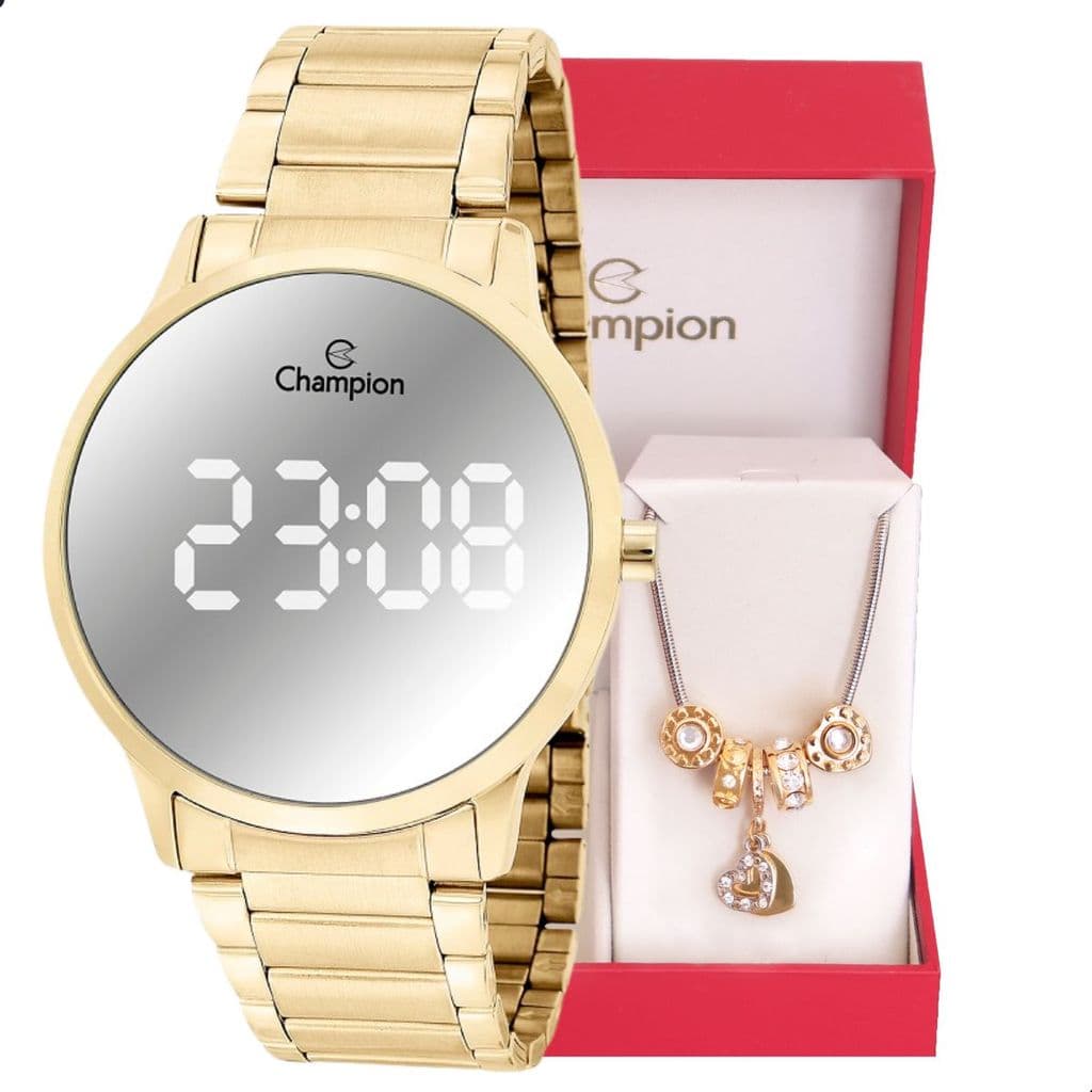 Relógio Feminino Champion Dourado Digital  Espelhado CH40147B Original + Pulseira Berloque
