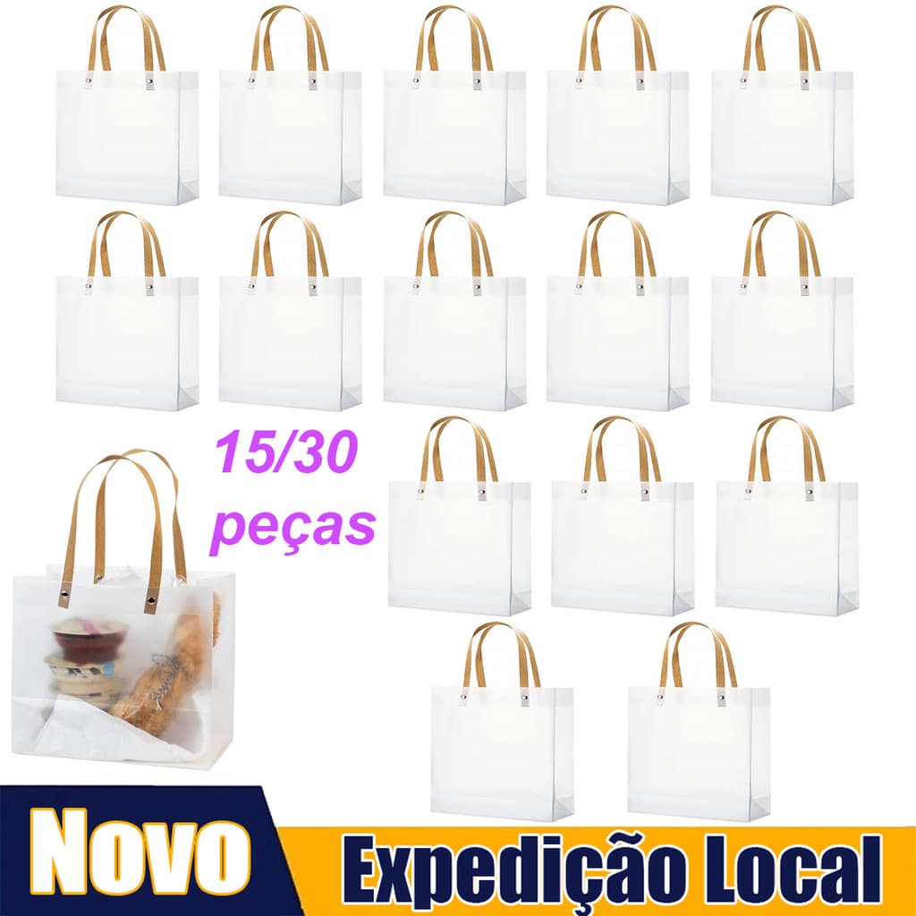15/30 peças de sacola plástica transparente com alça, 20x20x8 cm, presente para convidados, reutilizável
