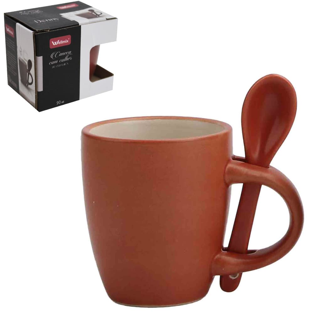 Caneca c/ Colherzinha Ceramica 90ml Chá Café Capuccino Presente Decoração Lembrancinha