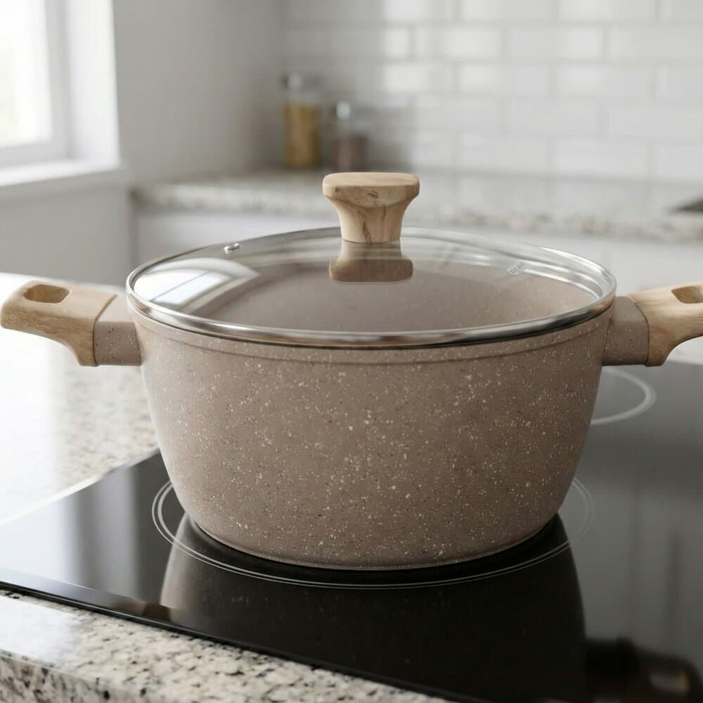 Panela Caçarola 24cm Antiaderente Indução Marble Cabo Madeira Panela Indução Cozinha
