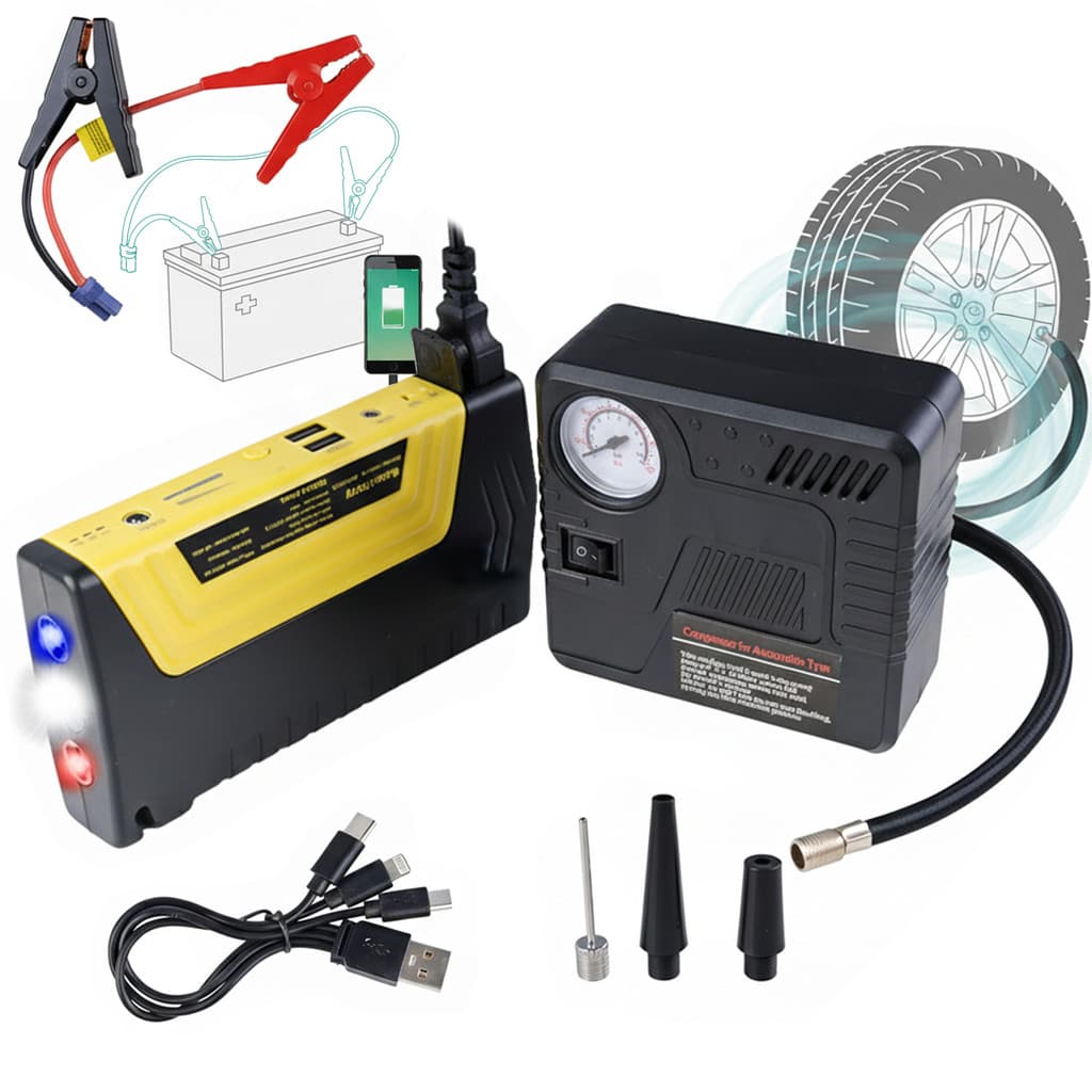 Kit Socorro Automotivo Auxiliar De Partida Power Bank E Compressor De Ar Pneu Murcho