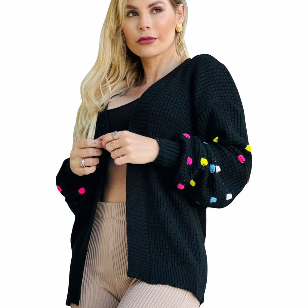 Capa Cardigan Feminina Outono Inverno Tricô Manga Colorida