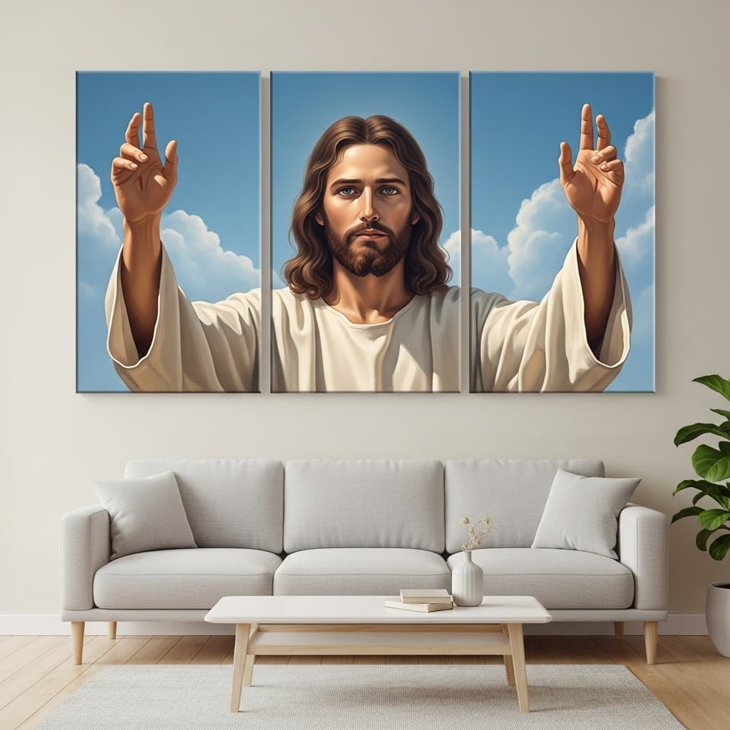 Tríptico de Jesus com Céu Azul – Decoração Religiosa Premium 3 peças