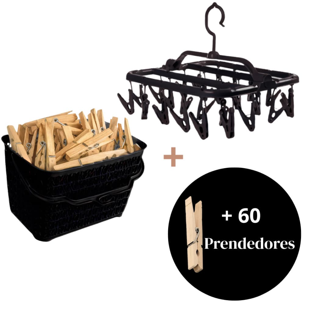 Kit Lavanderia Varal Roupas Íntimas + Cesto Multiuso + 60 Prendedores de madeira