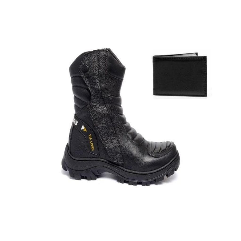 Coturno Bota Motoqueiro Motociclista Couro Legitimo Original Cano Longo Antiderrapante + Carteira