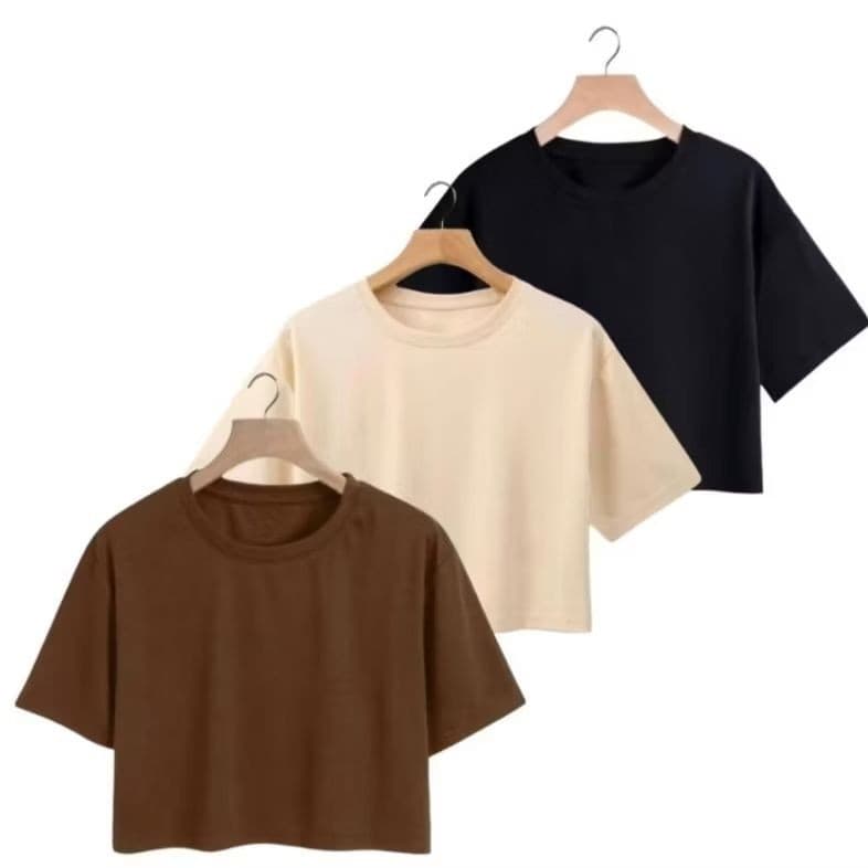 Kit 3 Cropped Feminino Básico em Algodão com Manga Curta Confortável
