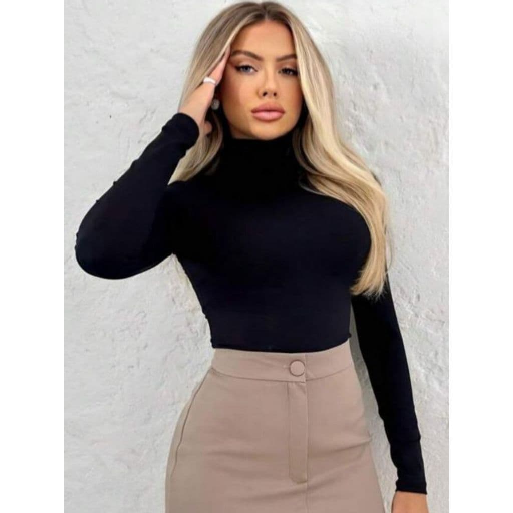 Blusa Feminina Segunda Lisa Pele Básica Casual Manga Longa Comprida Gola Alta Cacharrel Roupa De Frio Moda Tendencia Out