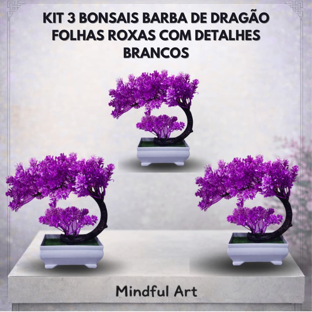 Kit 3 Bonsai Decorativo Roxo Barba de Dragão – Toque Oriental para Ambientes Refinados