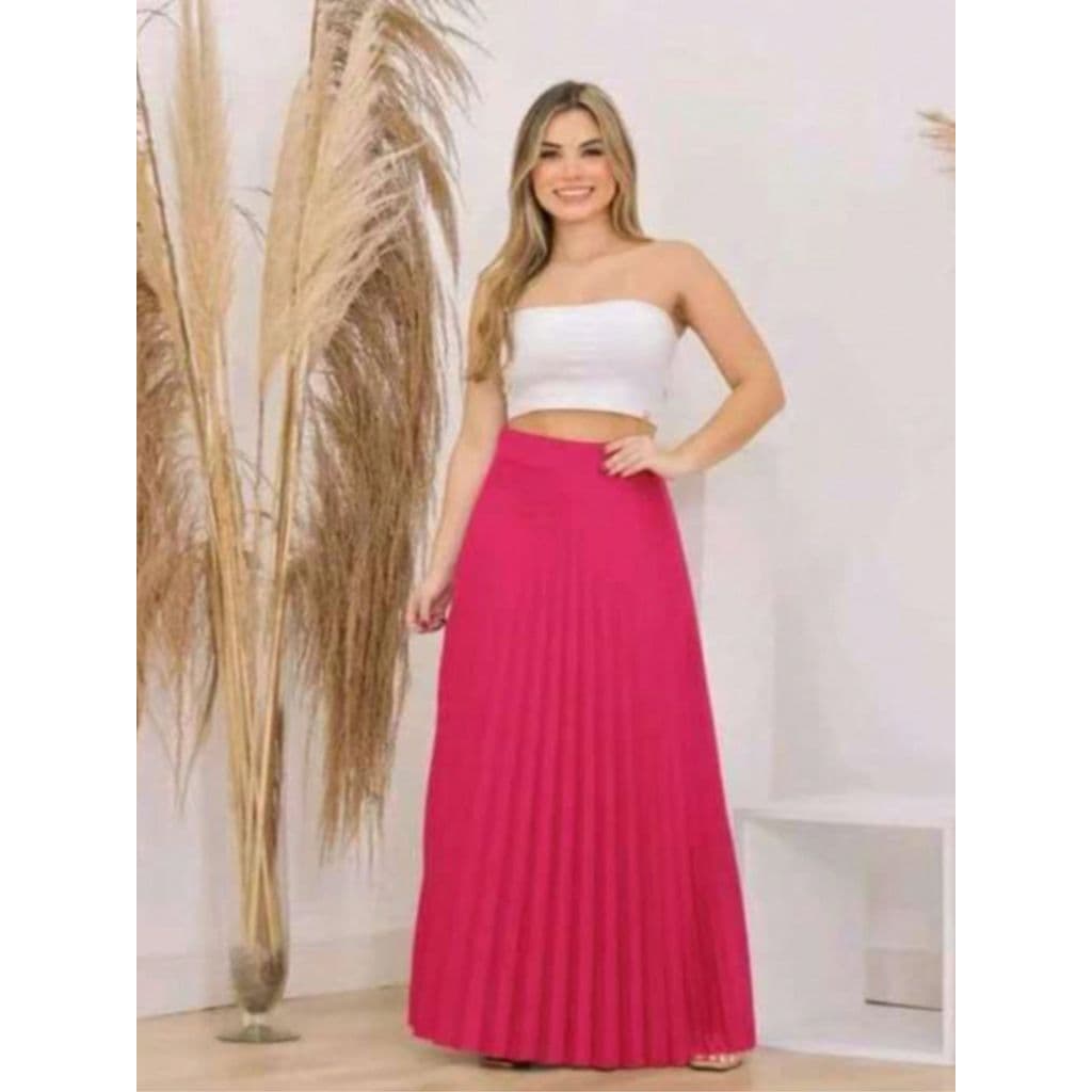 Saia Longa Plissada Feminina Evangelica Cintura Alta Gode Rodada Forro  elegante  Casual    Plissado
