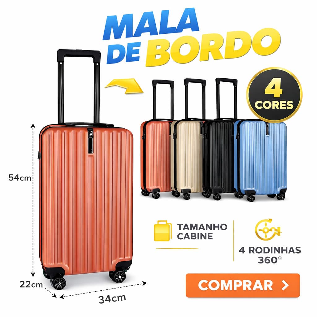 Mala de Viagem Bordo 10kg Fibra ABS Rodinhas 360° e Cadeado ANAC 20”