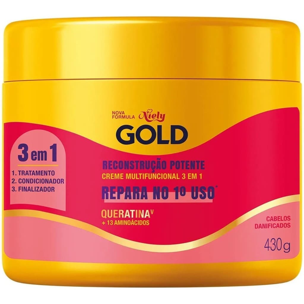 Creme Multifuncional Niely Gold 3 em 1 430ml Reconstrução Potente Vegan Queratina Brilho