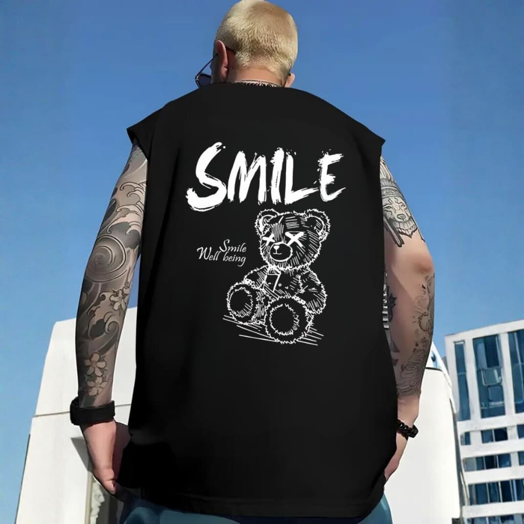 Regata Camiseta Gym Ursinho Smile pro Dia Dia e Academia Regata Machão Oversized Larga Moda Masculina Tendência