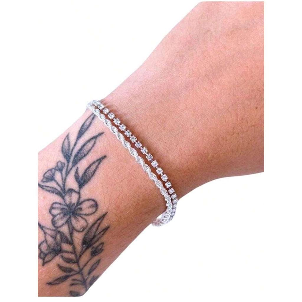 Pulseira Dupla Strass/Cordão Baiano Banhada em Prata - cód 101