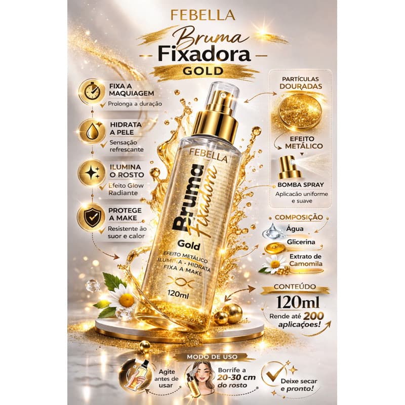 Bruma Fixadora Iluminadora Febella Gold / Bruma Dourada