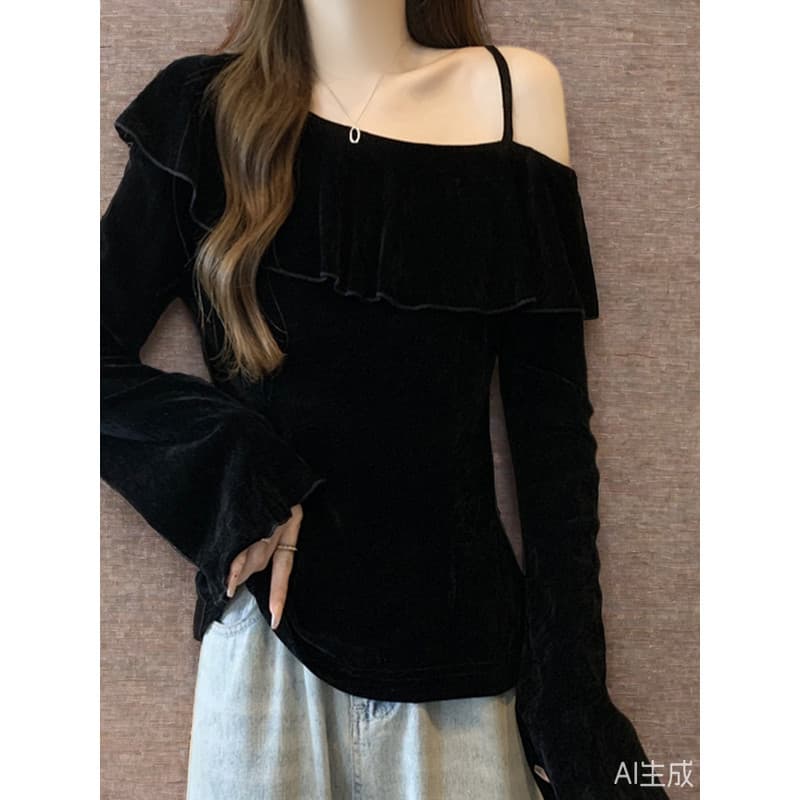 Produtos europeus primavera outono inverno novo estilo luz luxo babados ouro veludo manga comprida camiseta feminina peq
