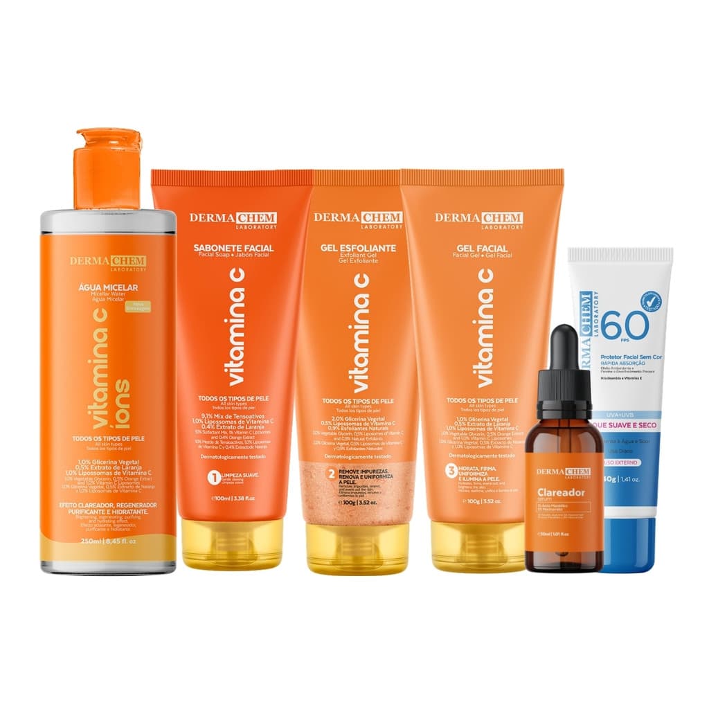 Kit Skin Care Vitamina C Anti-Idade Clareador 6un - Protetor Solar + Água Micelar Dermachem