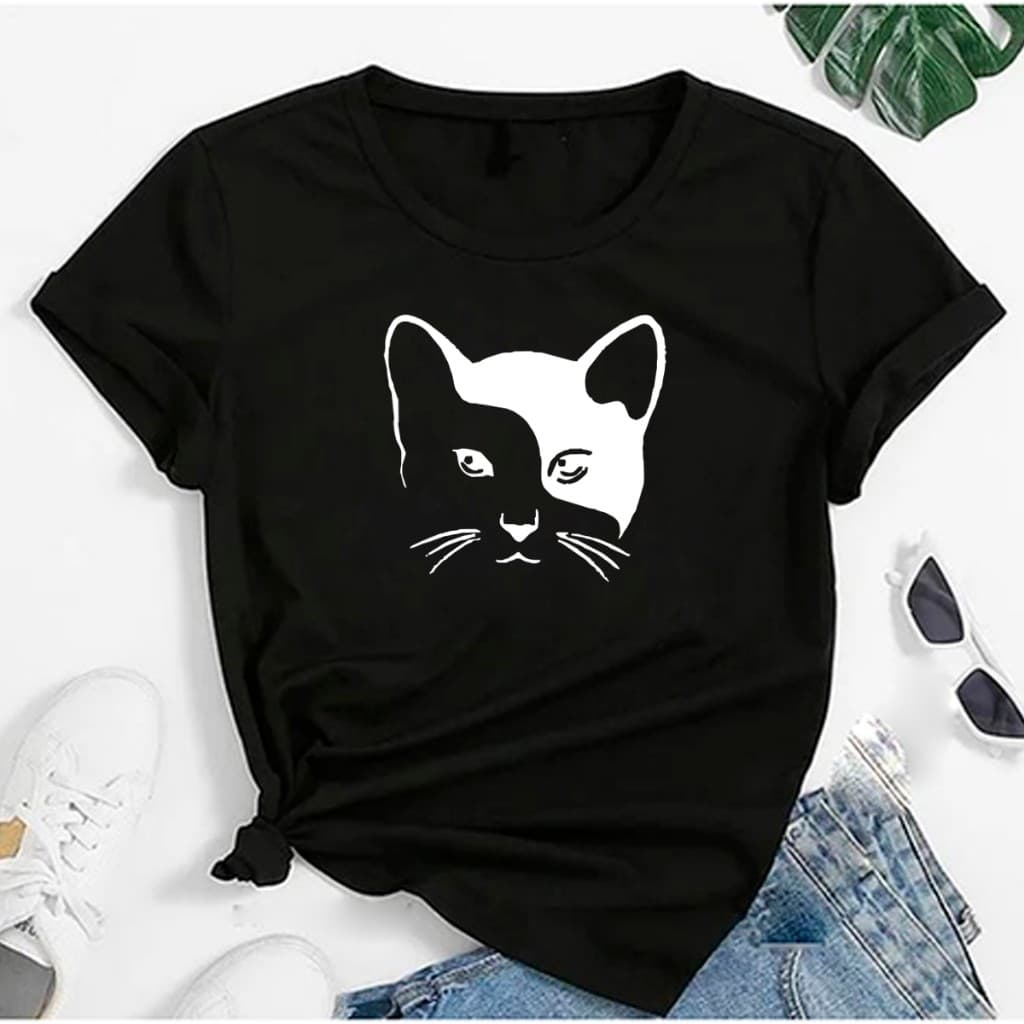 Blusa Camiseta T-shirt feminina Com Rosto  De Gato De Viscolycra