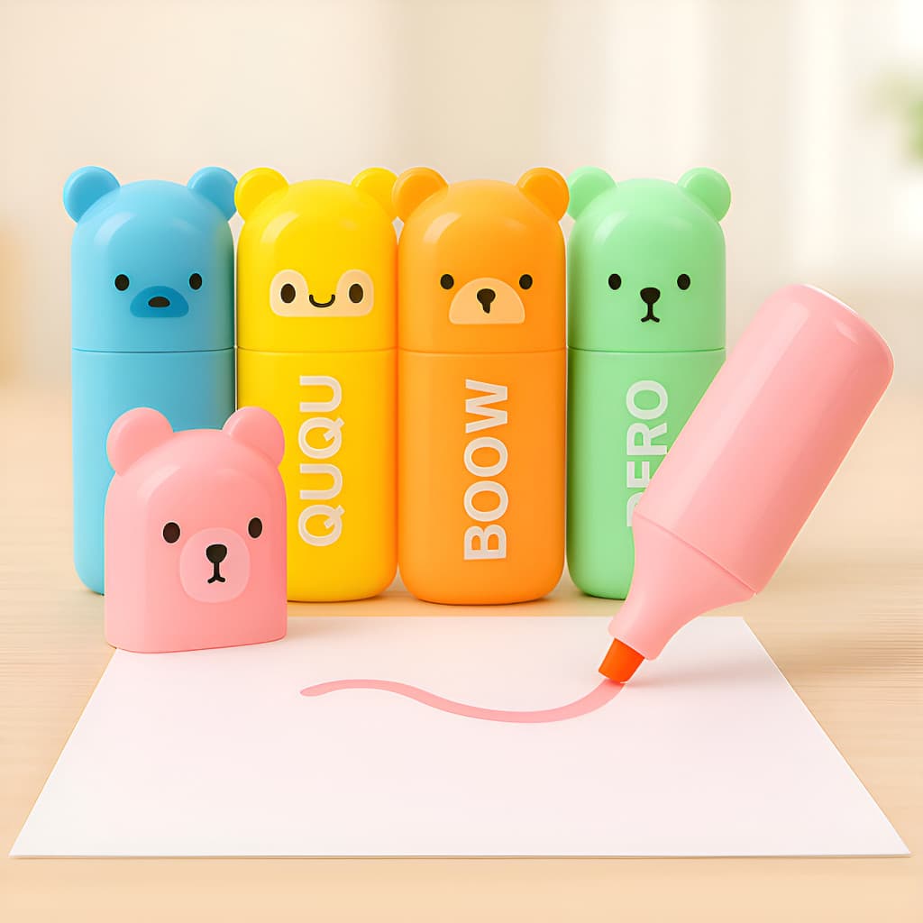 Kit 5 Marca Texto Ursinho Cores Pastel Neon Escola Papelaria
