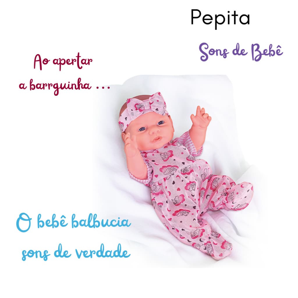 Boneca Bebê Pepita Sons de Bebê com Som e Roupinha  +3 anos