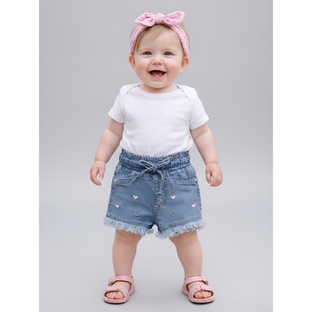 Short Jeans Bebê Menina Cintura Elástica Cordão Coração Bordado Babado Fofo Bolsos Funcionais