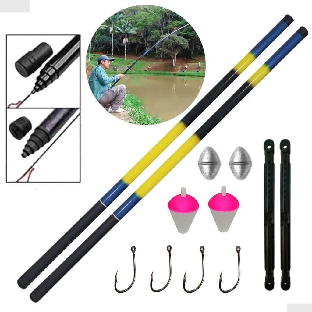 Kit de Pesca Completo 2 Varas Telescópica Lisa 4,00 Metros 40% Carbono Leve Boia Anzol E Chumbo