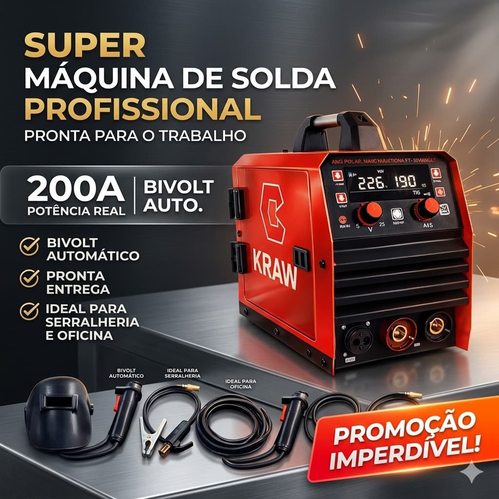Máquina de Solda MIG Pulsada 200A Bivolt KRAW | MIG/MAG, MMA e TIG Lift | Painel Digital Sinérgico