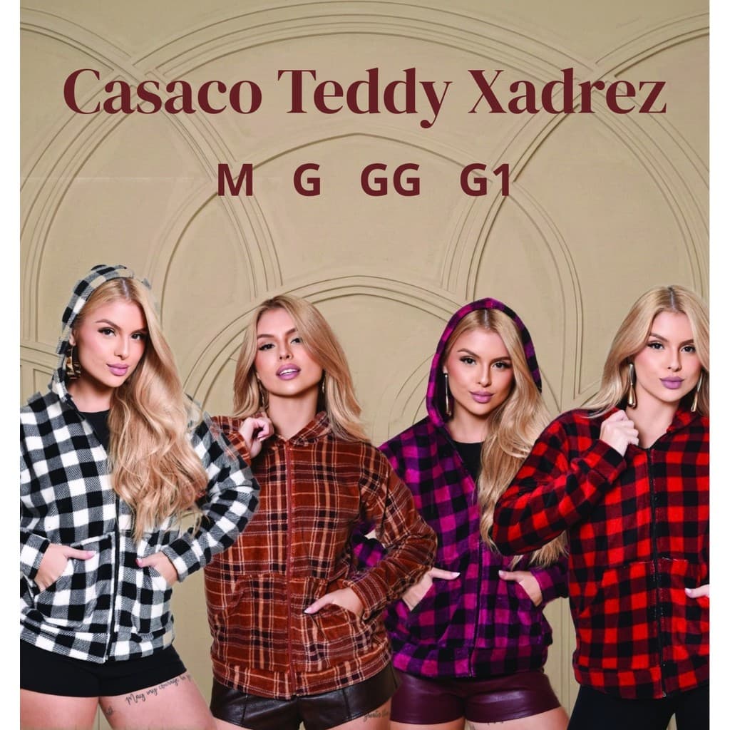 Casaco Xadrez Feminino de Inverno Teddy Felpudo com Capuz e Ziper