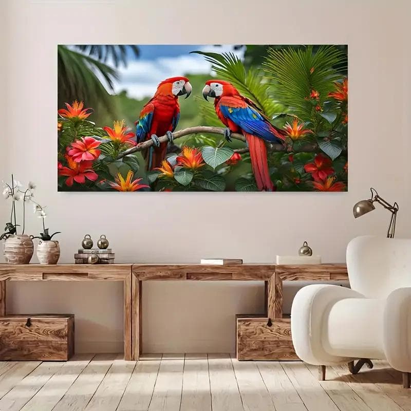 Quadro decorativo 1pc Impressão em Tela de Artesanato de Floresta Tropical com Araras Escarlates, De