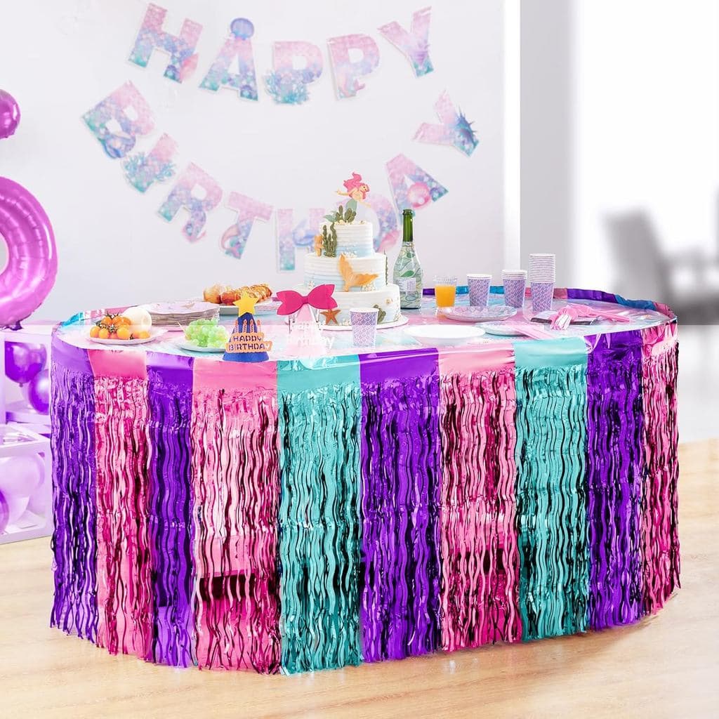 Saia de Mesa Ondulada Brilhante em Roxo, Azul e Fúcsia, Pacote com 2 Saia Descartáveis de Tinsel Metálico para Festa Tem