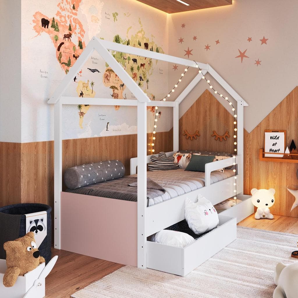 Cama Infantil Montessoriana Estilo Casinha 188x78cm com Proteção Lateral e Gavetas com Rodas