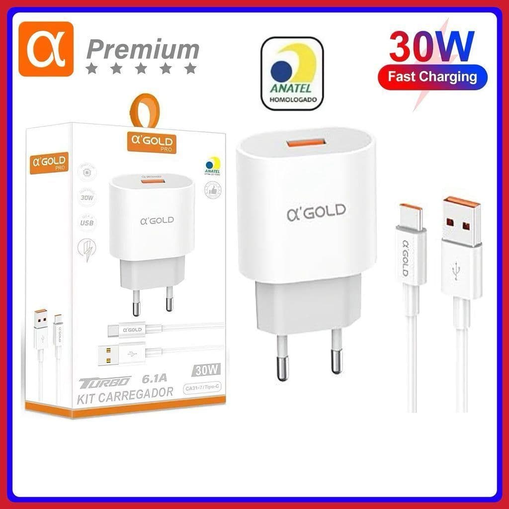 Kit Carregador 30W Turbo 6.1A USB + Cabo Tipo C - Carregamento rápido original A’Gold