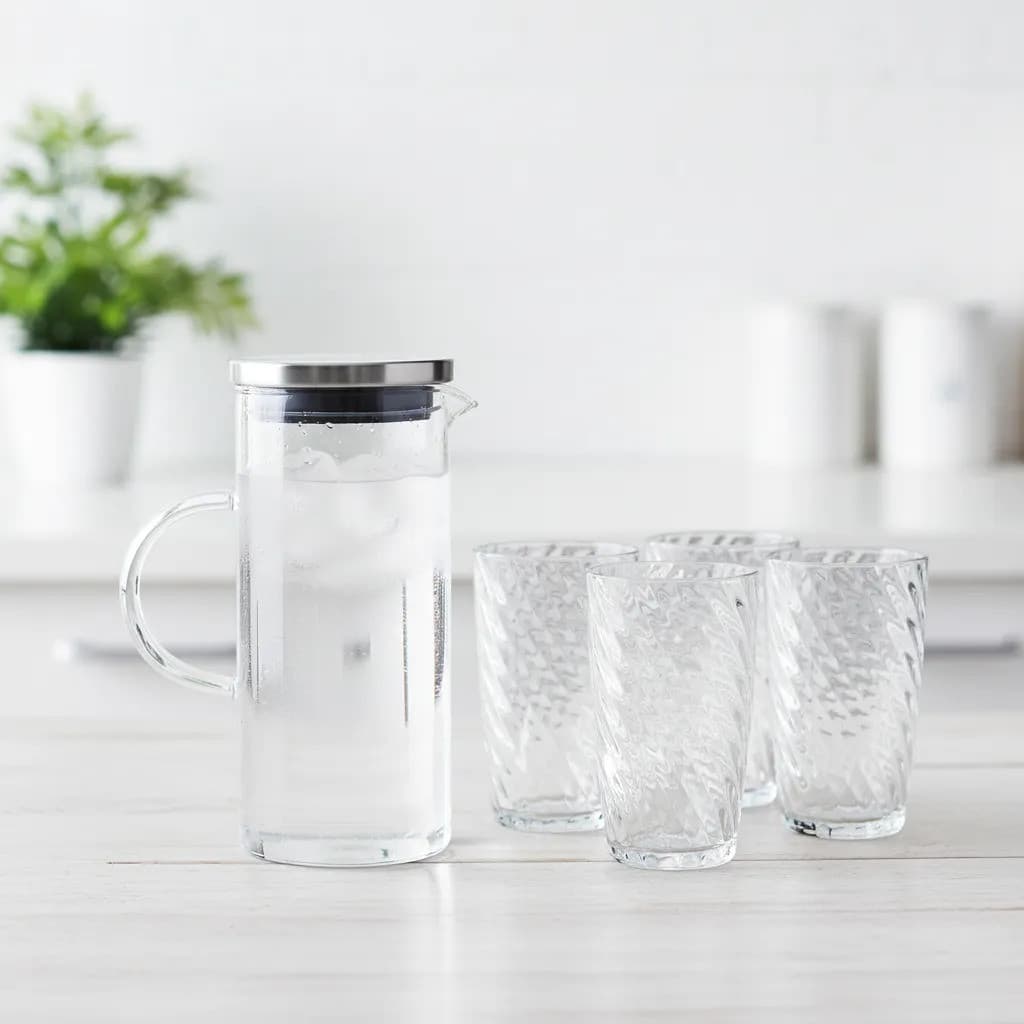 Kit Vidro: Conjunto Copos Long Drink Vidro 400ml 6 Peças + Jarra Vidro Boro Resistente 1l