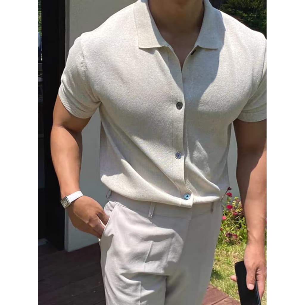Americano cara resistente malha Cardigan muscular masculino apertado estiramento de manga curta bens europeus High-End s