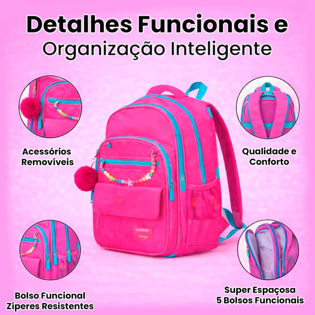 Mochila Escolar Feminina Infantil Completa Com Compartimentos e Ótima Organização