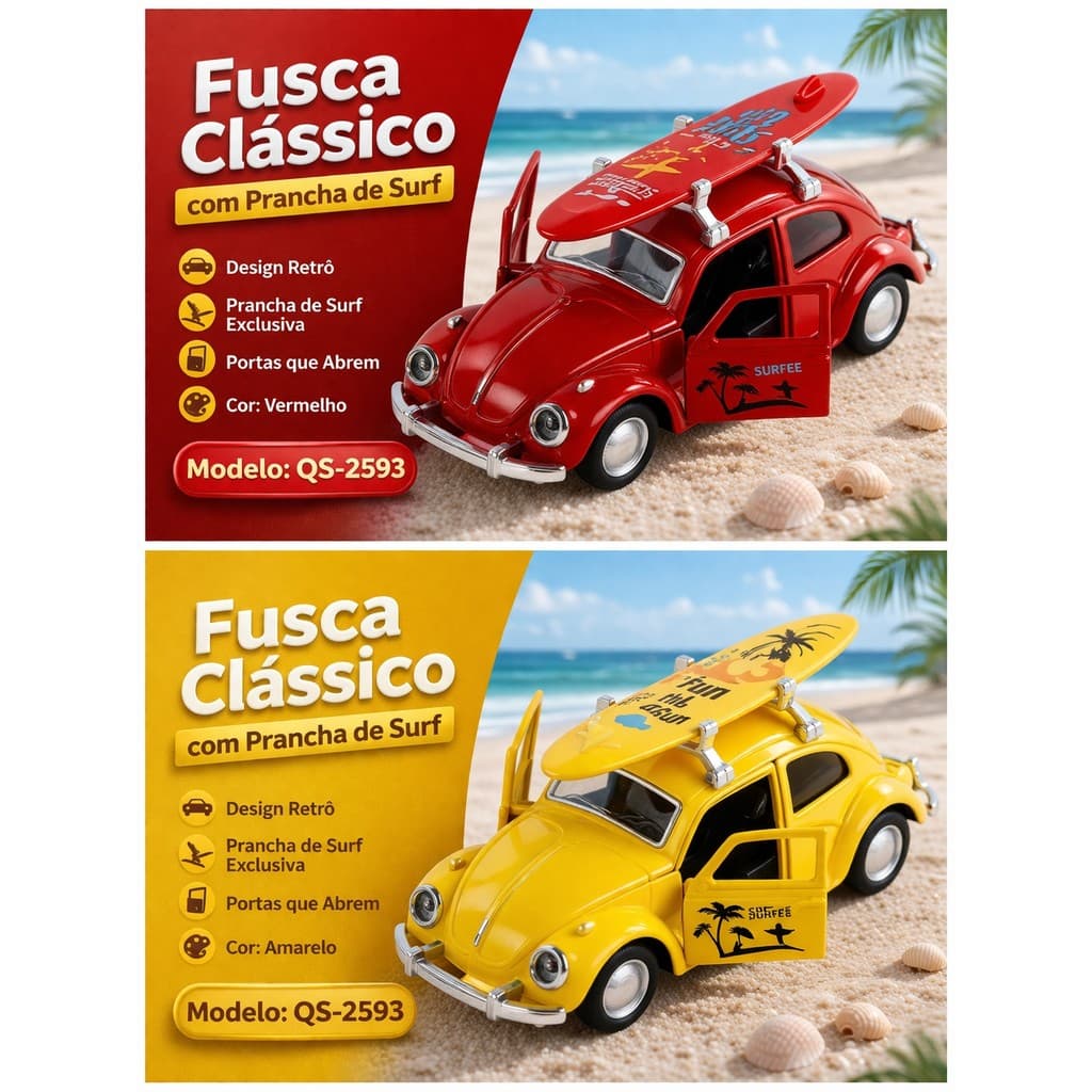 Miniatura Fusca Carrinho Carro Metal Abre Porta com Prancha de Surf