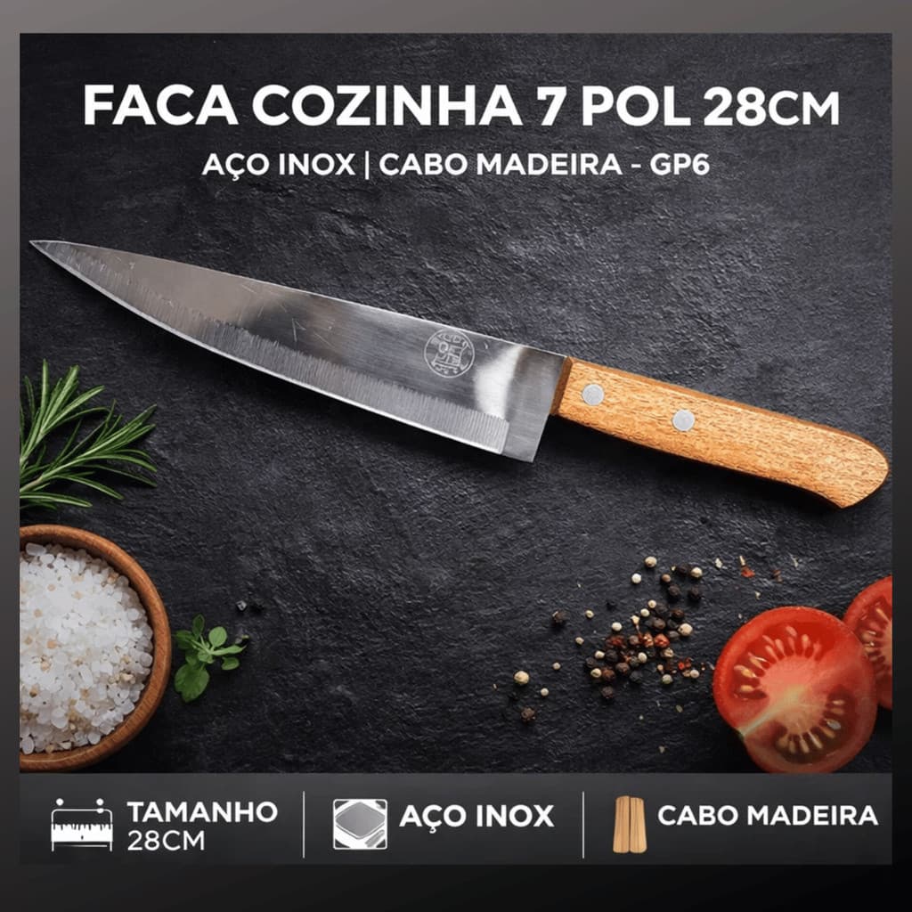 Faca Cozinha 7 Pol 28cm Aço Inox Cabo Madeira - Gp6 / Faca Chef Corte Carne Legumes Profissional