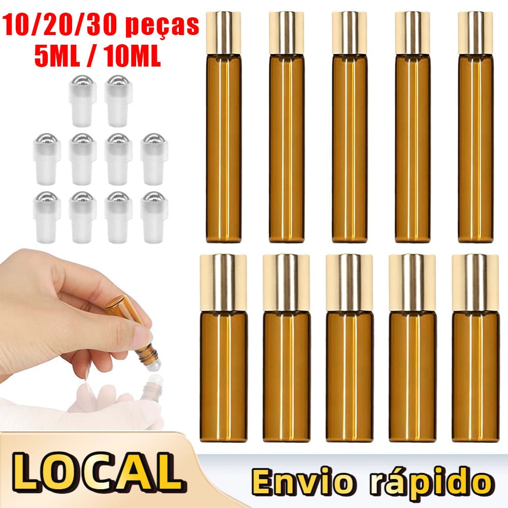 Kit 10/20/30 Frasco Roll-on Âmbar 5/10ml Tampa Dourada – Frasco de Vidro, Rollon Aço Inox, para Perfume e Óleos