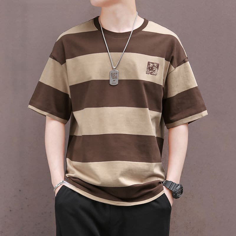 Retro Listra Camisa menT-De Manga Curta Topos casual Tamanho Solto Masculino Verão Novo Estilo