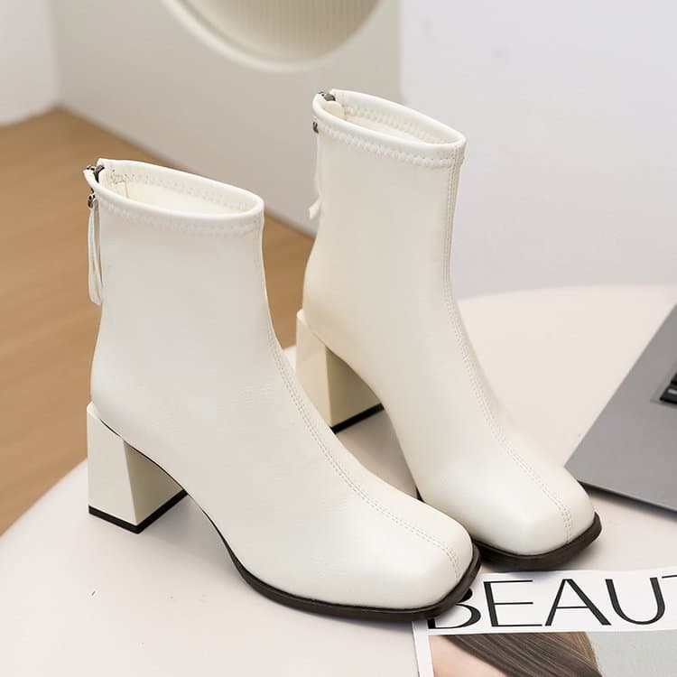 Botas curtas de dedo quadrado femininas botas finas salto grosso salto alto 2025 inverno novo estilo Super quente forro