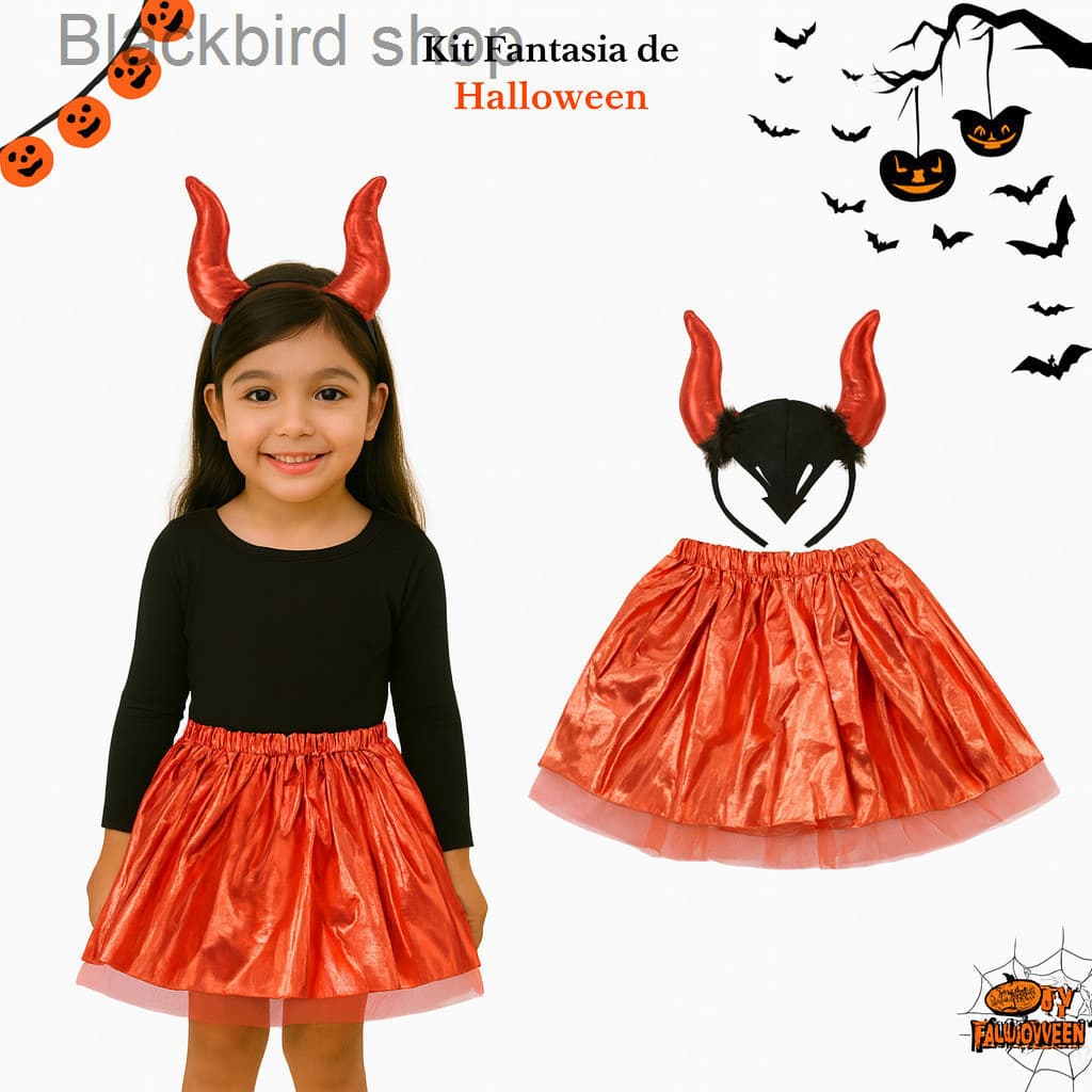(V)Fantasia Infantil Halloween Saia Vermelha com Tiara de Diabinha 🔥P1OE