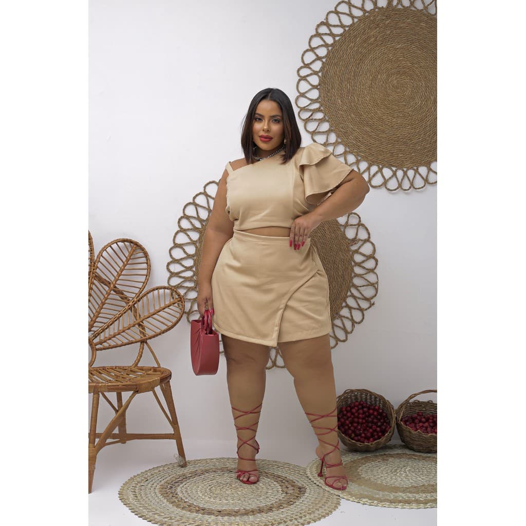 Conjunto Plus Size Feminino Luxo - Blusa Um Ombro Só e Saia Transpassada - Diversas Cores