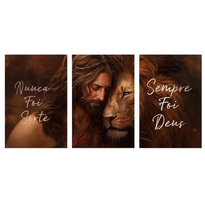 Quadro Decorativo Leão de Judá Jesus Cristo 3 Peças Frase Motivacional Religiosa