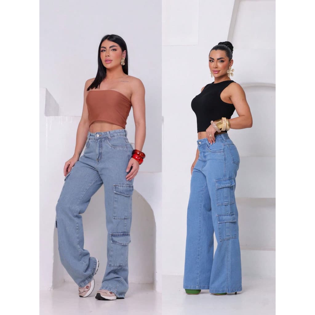 Kit 2 Calças Wide Leg 4 Bolsos Laterais Cargo Jeans Feminino