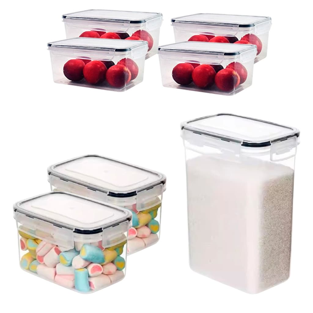 Kit 7 Potes Tampa Com Trava Transparente Hermetica Mantimentos Empilhavel Organizador Alimentos Macarrão Café Arroz