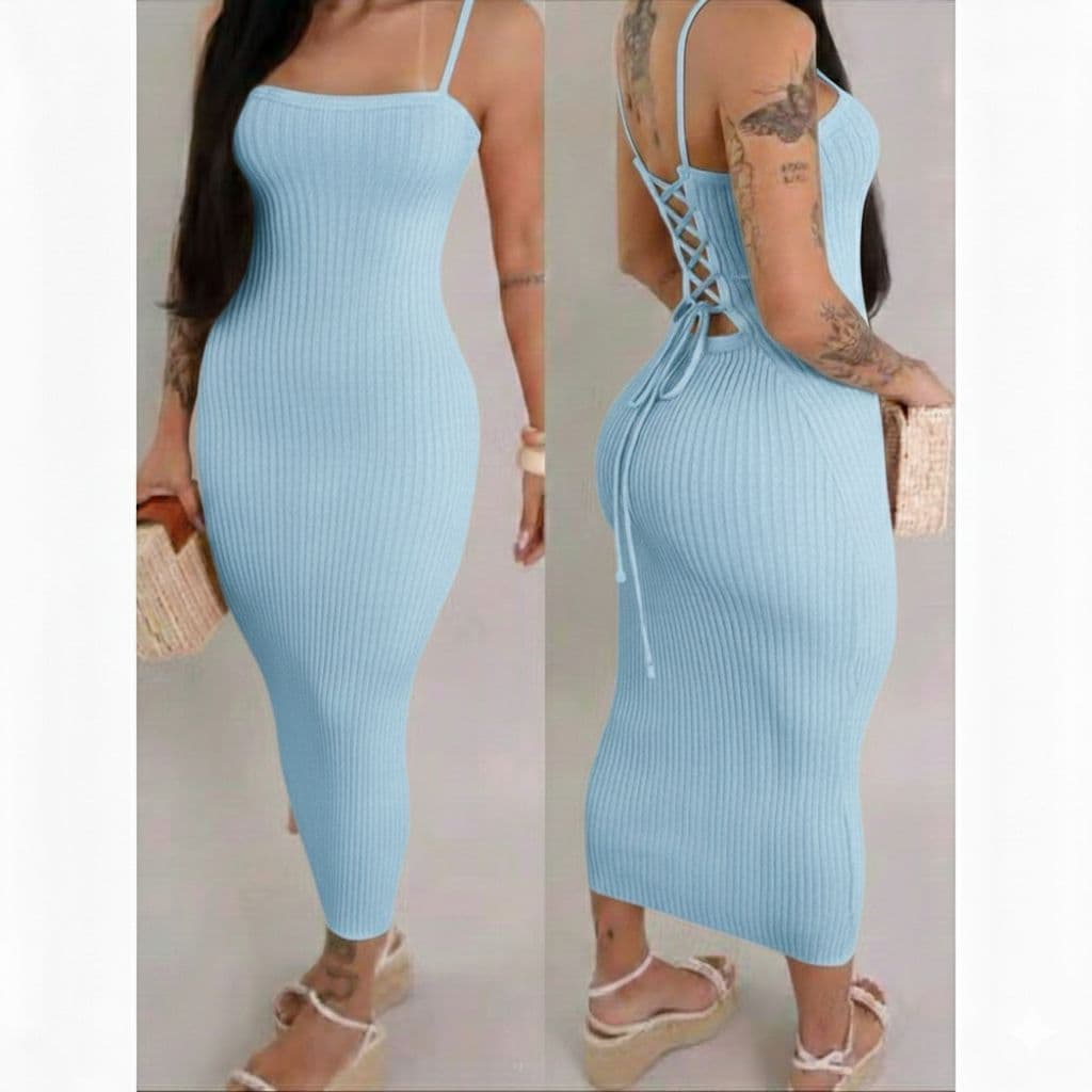 Vestido Trançado nas Costas Midi Tricot Modal Canelado tricô Tendência Verão