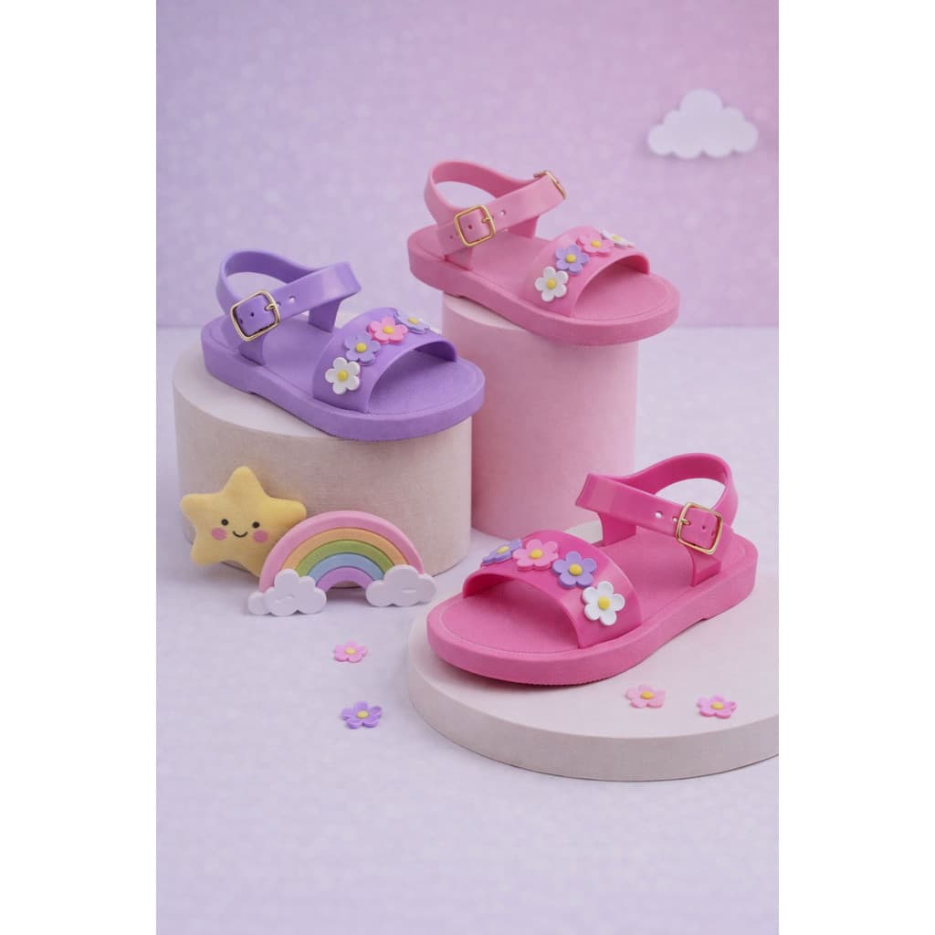 Sandália Bebê Menina Rosa Lilás Florzinha Confortável e Charmosa 19/20 ao 25/26